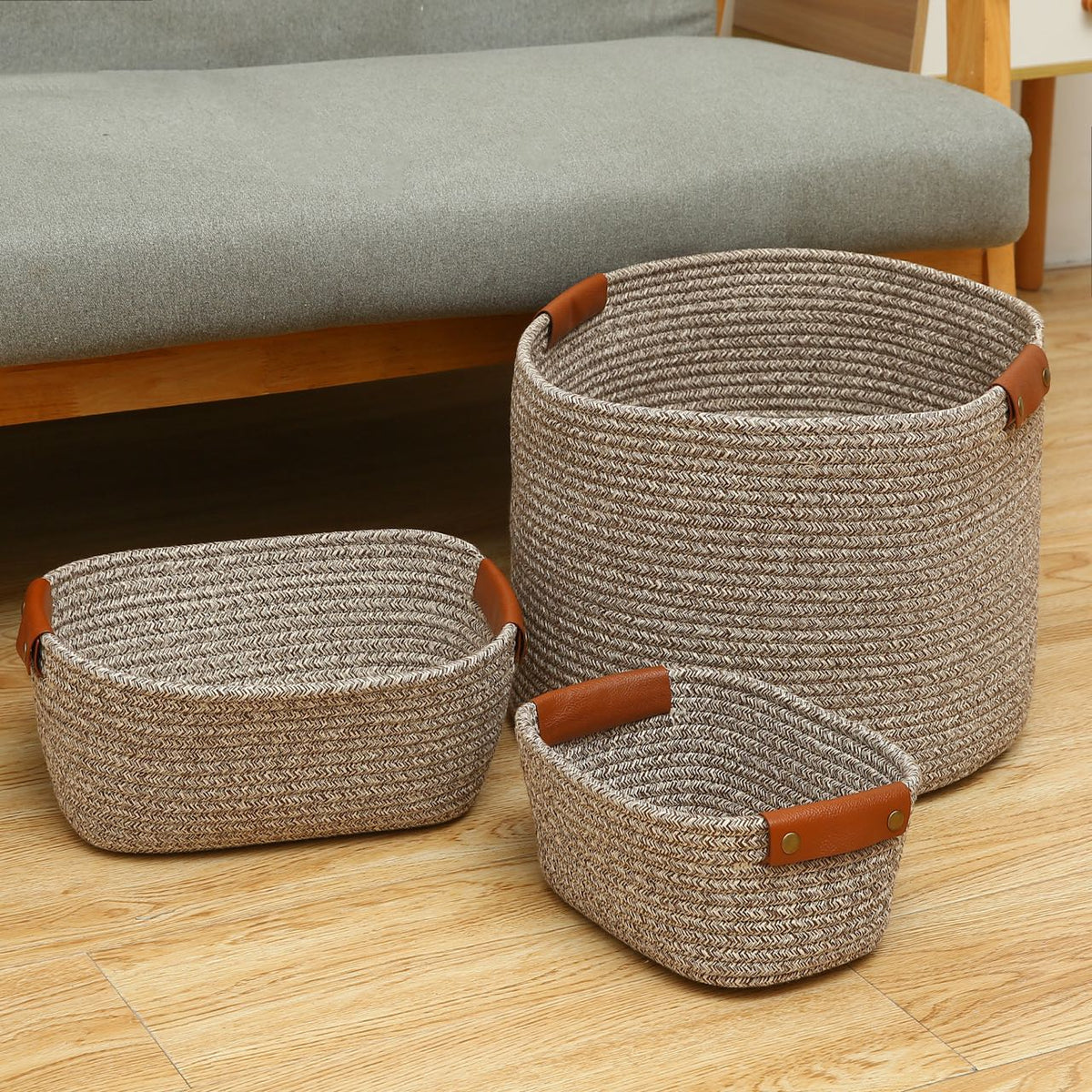 Set of 3 Cotton Thread Rope Handmade Storage Basket Home Storage Organ