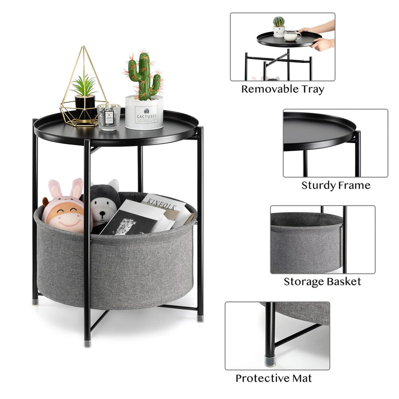 Metal End Small Side Table with Storage Basket Minimalist Coffee Tray Table