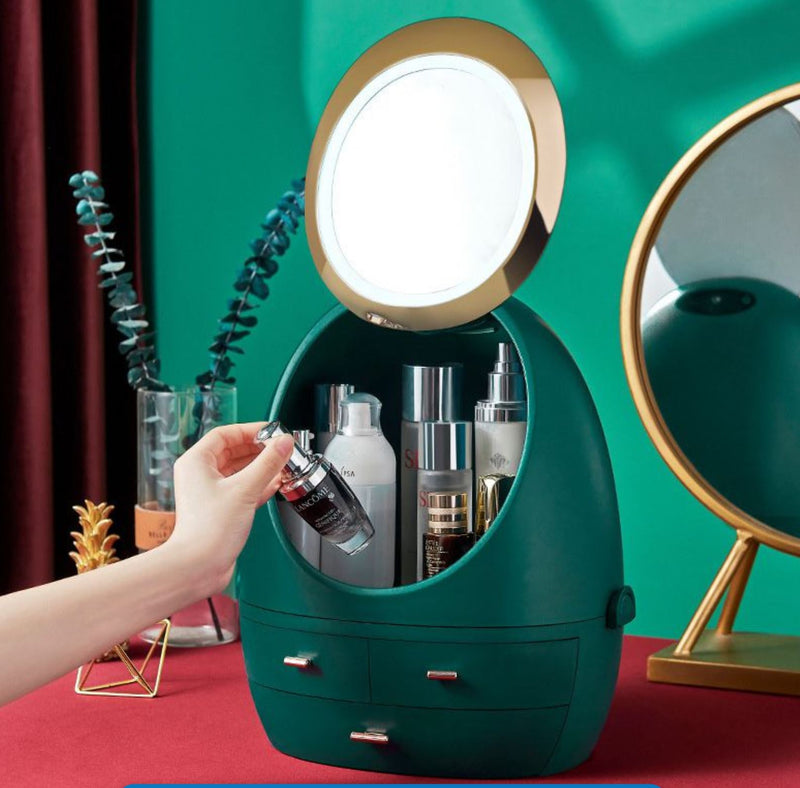 Pink Cosmetic Organizer Storage Box With Makeup Mirror