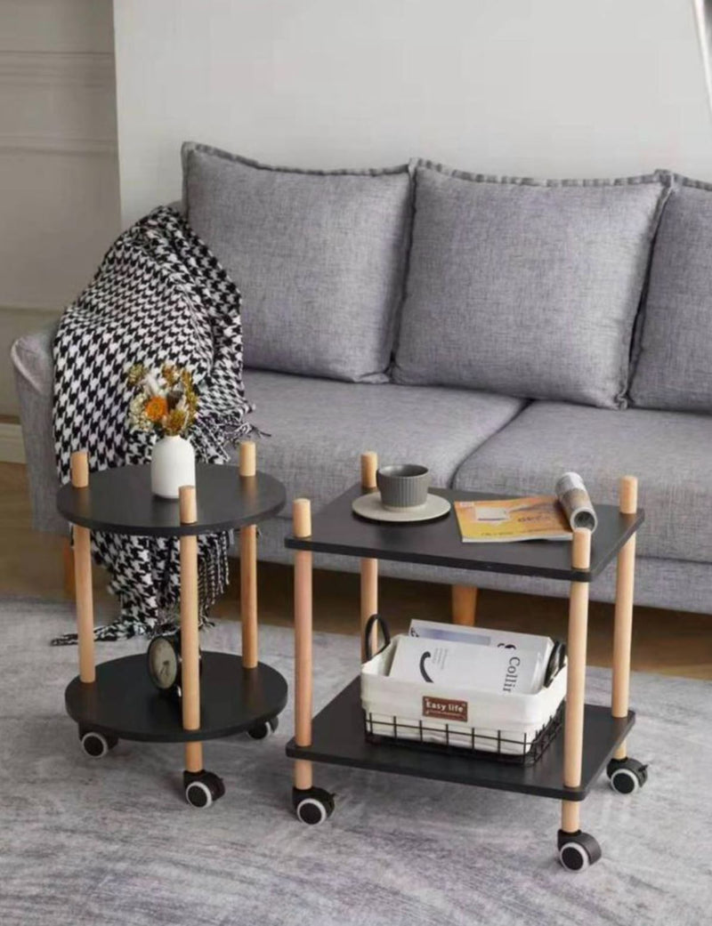 2 Tier Solid Wood Rectangular Trolley Mobile Side Table Serving Trolley