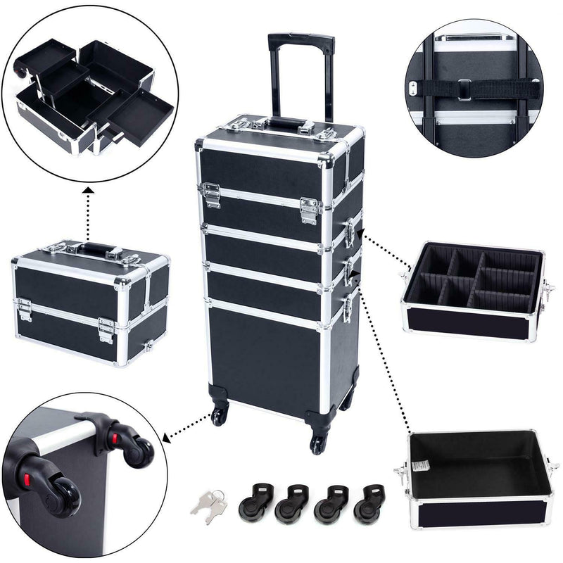 Metallic Black Professional Makeup Case Hairdressing Cosmetic Trolley Case