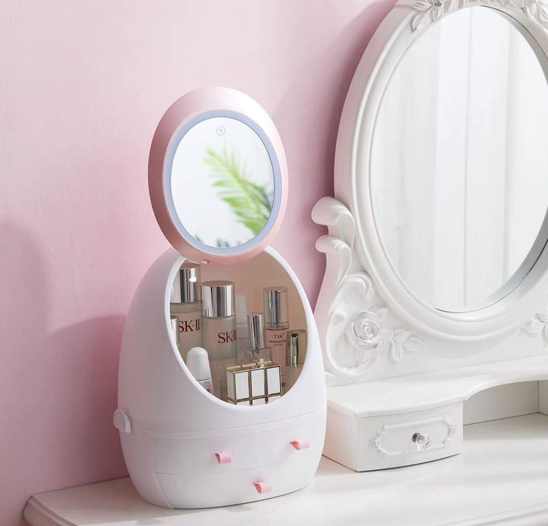 Pink Cosmetic Organizer Storage Box With Makeup Mirror